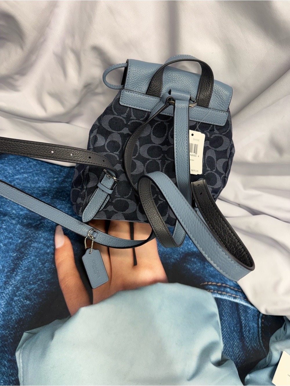 (new+tag) Coach Mini Backpack Denim Leather Light Blue /Navy Signature Monogram - Picture 3 of 15